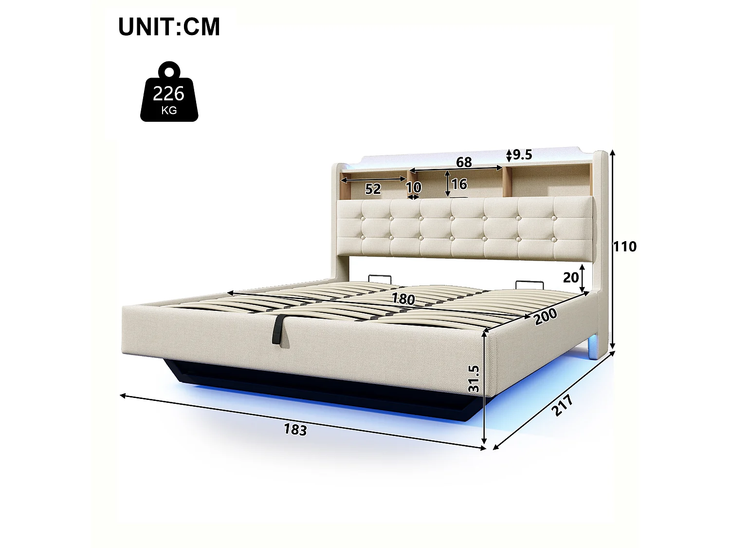 180 x 200 cm seng med opbevaringsplads, hydraulisk opbevaring, LED-belysning, rum, USB- og Type-C-porte - Hør - Beige (Madras medfølger ikke)
