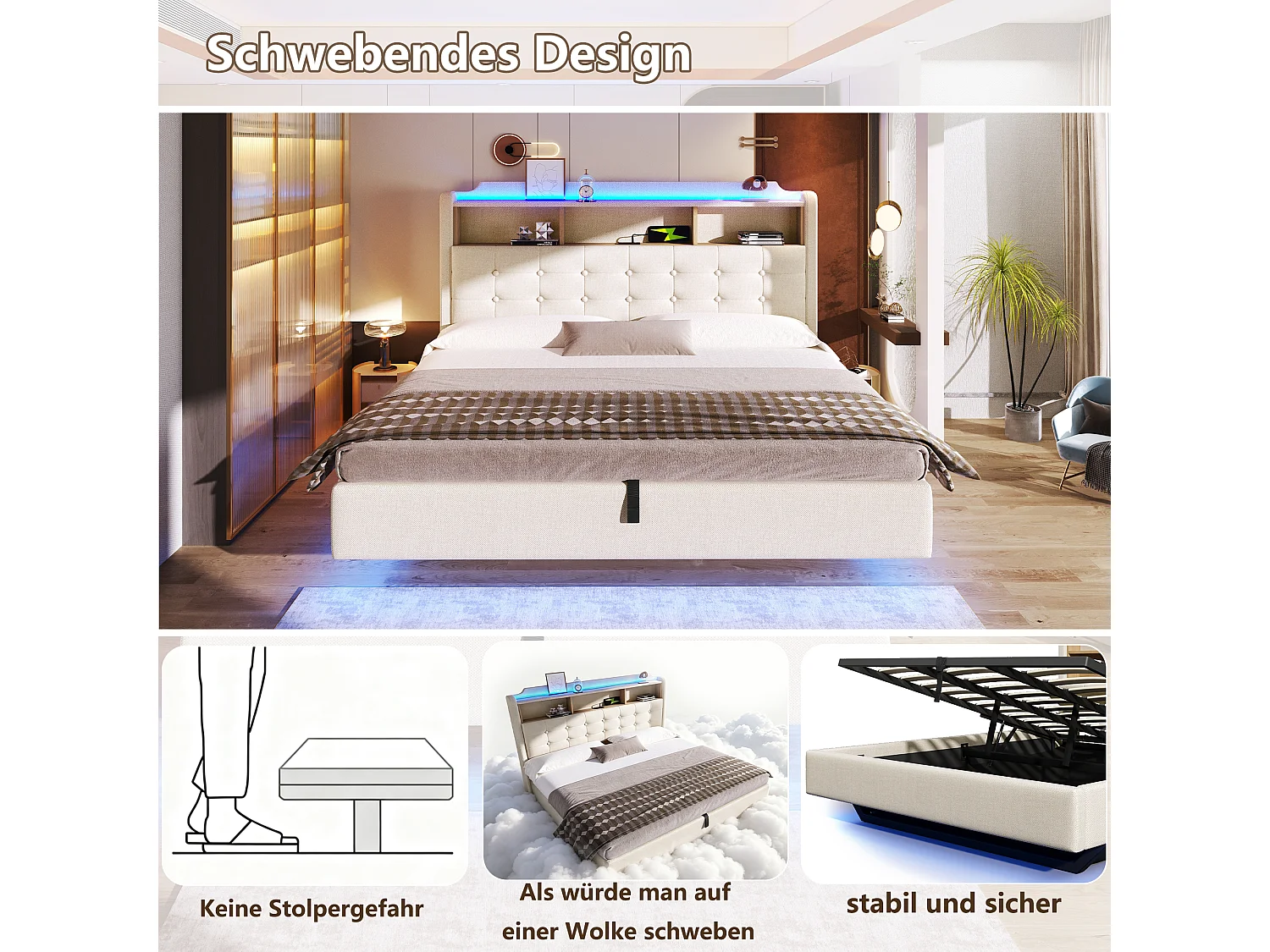 180 x 200 cm seng med opbevaringsplads, hydraulisk opbevaring, LED-belysning, rum, USB- og Type-C-porte - Hør - Beige (Madras medfølger ikke)