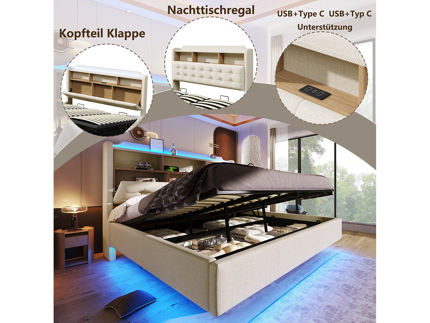 180 x 200 cm seng med opbevaringsplads, hydraulisk opbevaring, LED-belysning, rum, USB- og Type-C-porte - Hør - Beige (Madras medfølger ikke)
