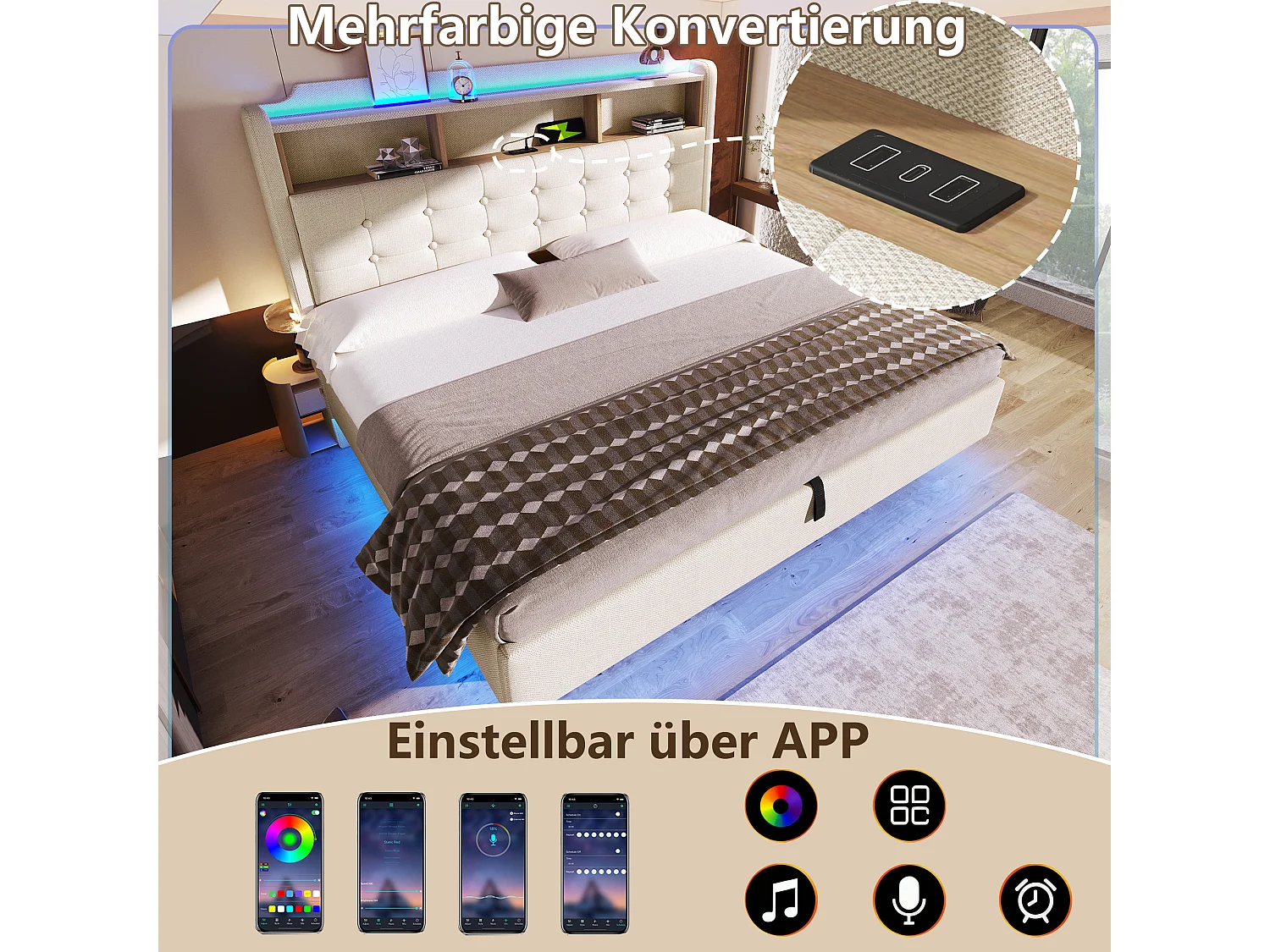 180 x 200 cm seng med opbevaringsplads, hydraulisk opbevaring, LED-belysning, rum, USB- og Type-C-porte - Hør - Beige (Madras medfølger ikke)