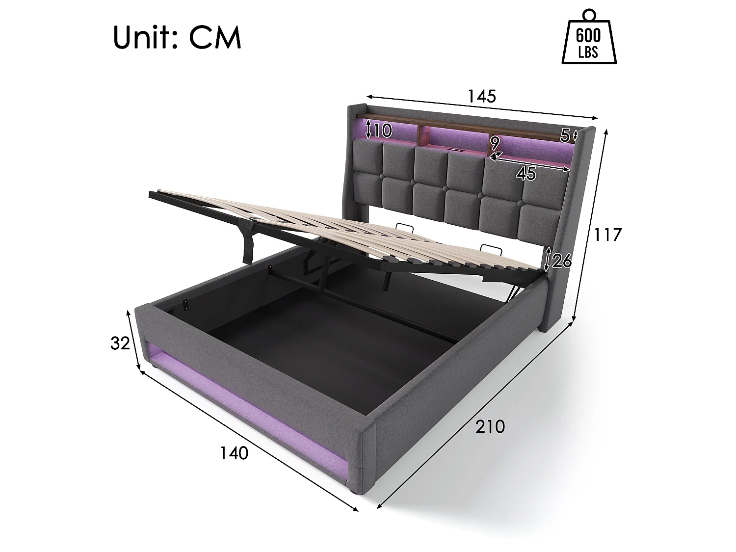 Lit coffre 140 x 200 cm avec matelas à ressorts ensachés 7 zones H3, rangement, LED et USB - Lin - gris