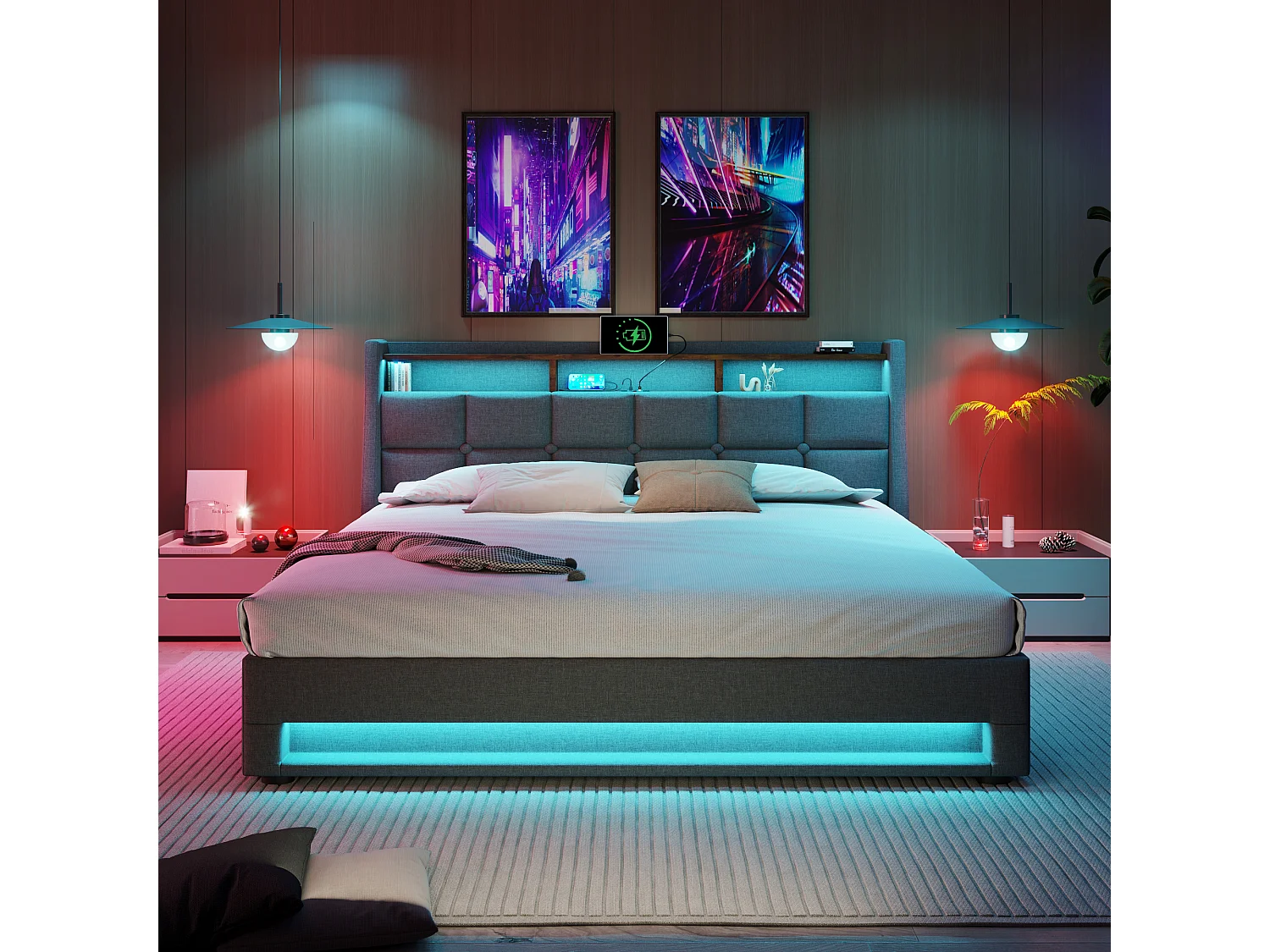 Lit coffre 140 x 200 cm avec matelas à ressorts ensachés 7 zones H3, rangement, LED et USB - Lin - gris