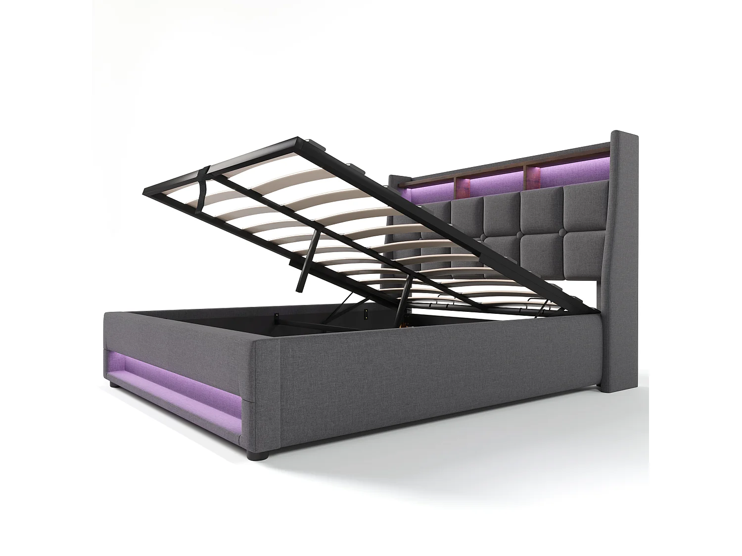 Lit coffre 140 x 200 cm avec matelas à ressorts ensachés 7 zones H3, rangement, LED et USB - Lin - gris