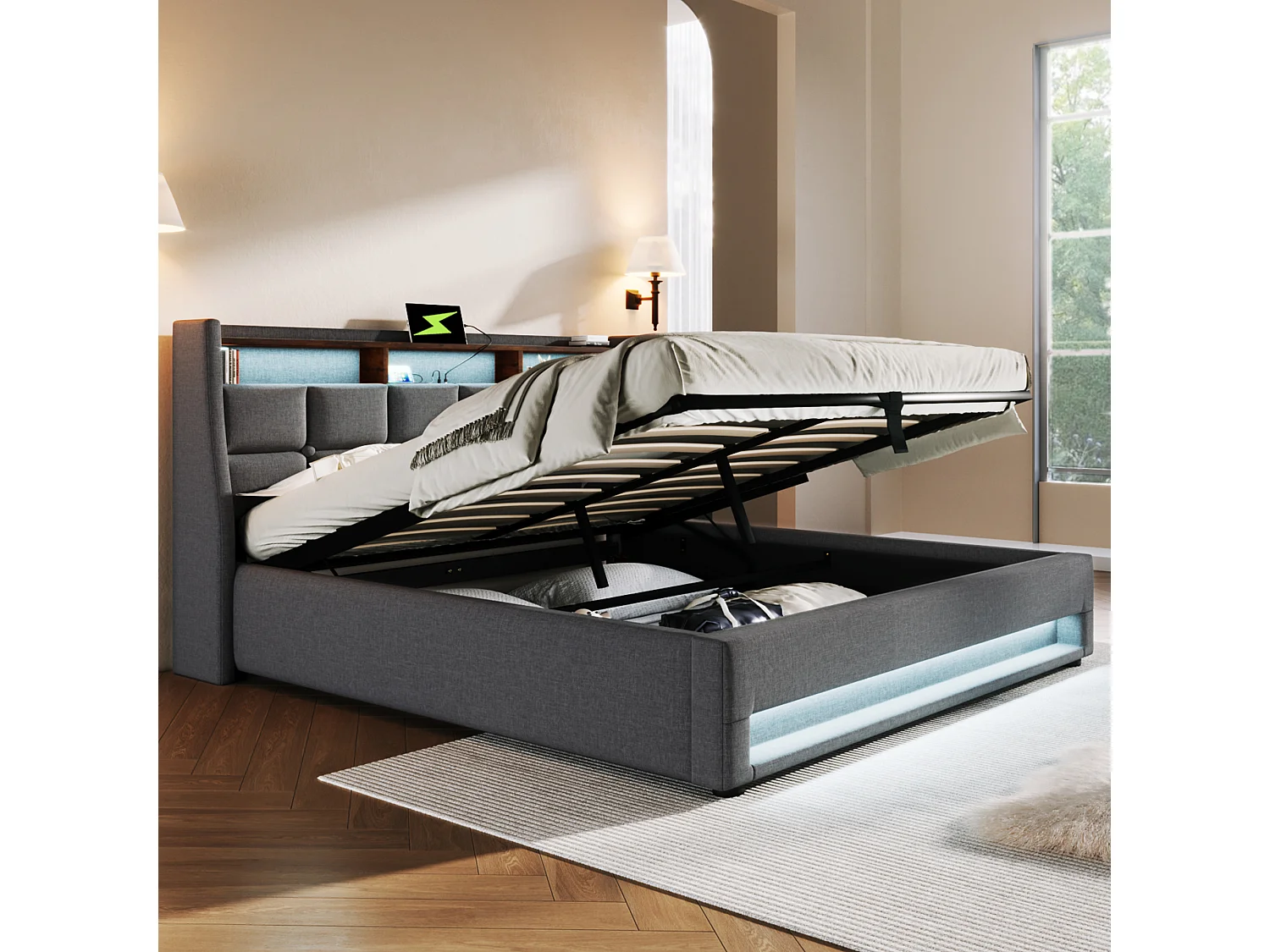 Lit coffre 140 x 200 cm avec matelas à ressorts ensachés 7 zones H3, rangement, LED et USB - Lin - gris