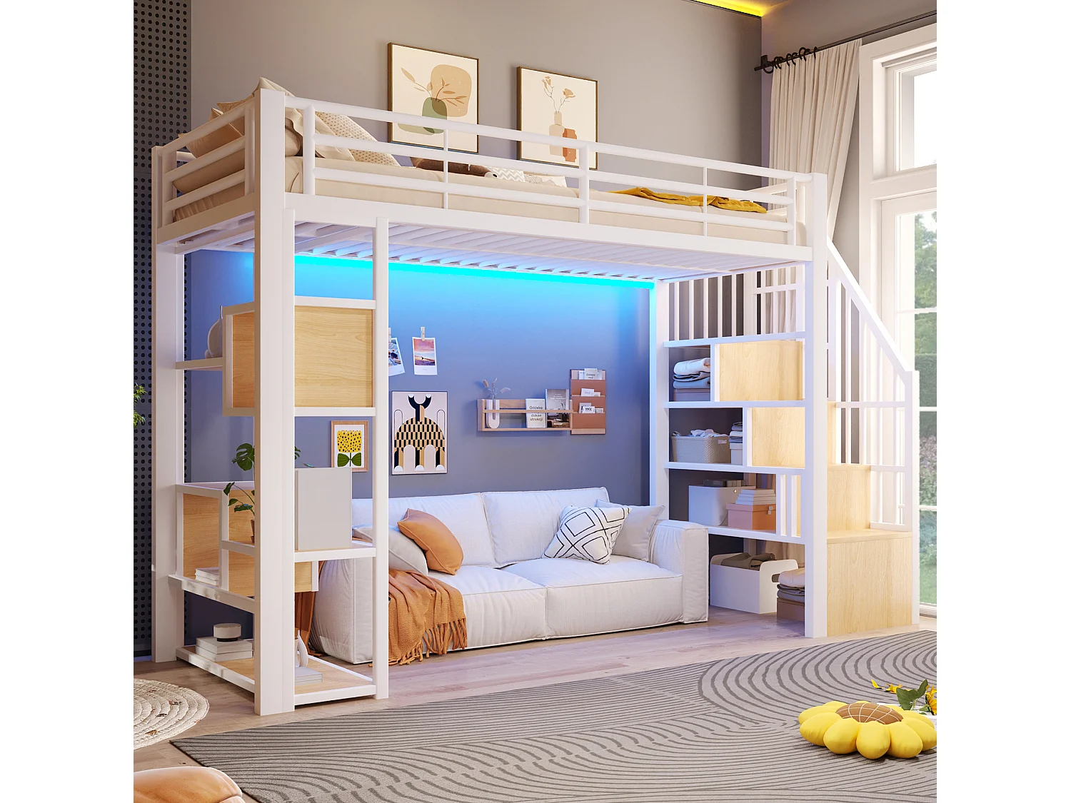 Hoogslaper 90 x 200 cm met opbergtrap en open schappen onder het bed – Metaal en MDF – LED – Wit (Matras niet inbegrepen)