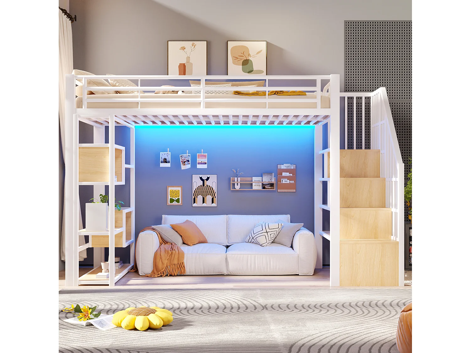 Hoogslaper 90 x 200 cm met opbergtrap en open schappen onder het bed – Metaal en MDF – LED – Wit (Matras niet inbegrepen)