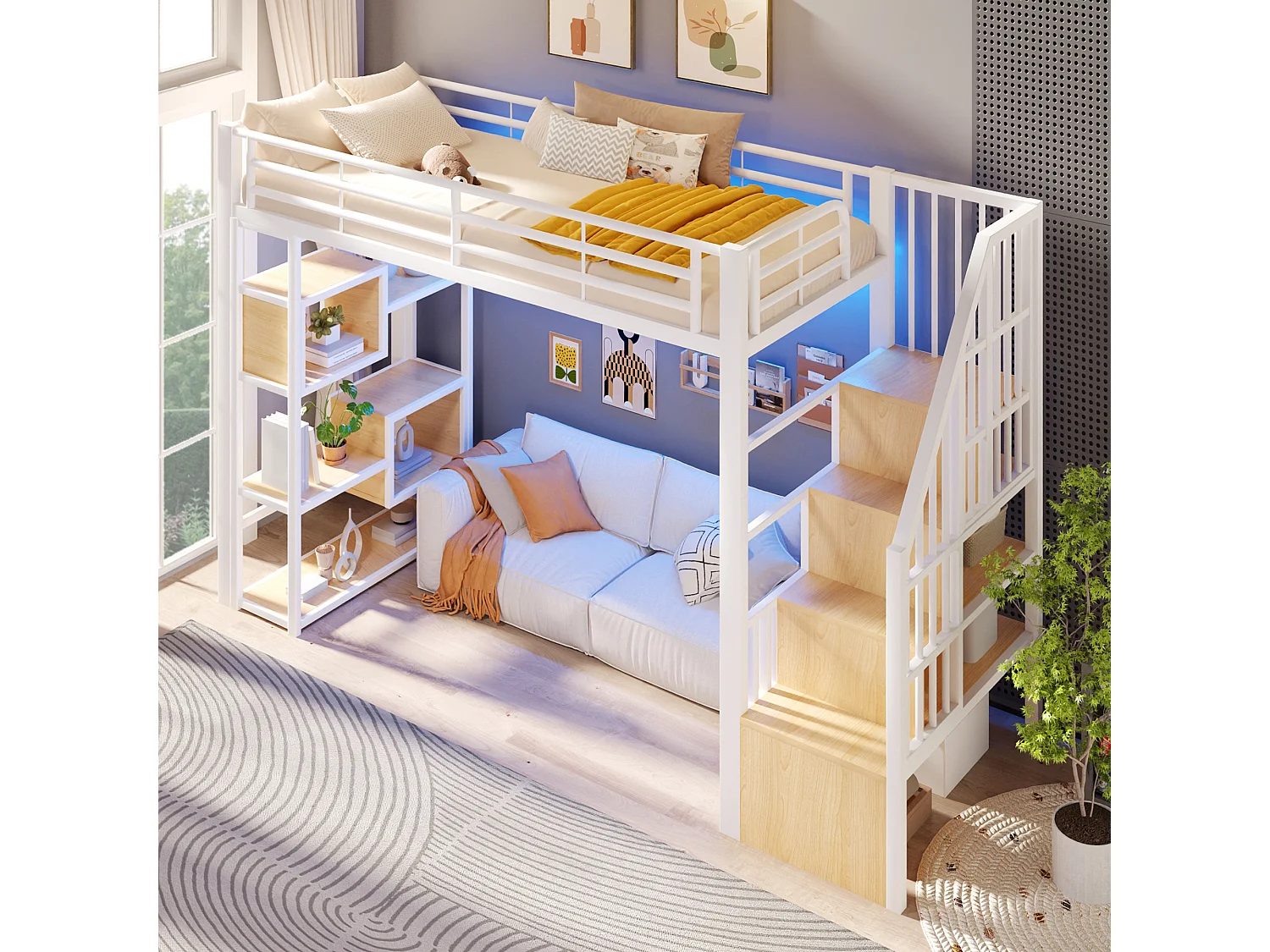Hoogslaper 90 x 200 cm met opbergtrap en open schappen onder het bed – Metaal en MDF – LED – Wit (Matras niet inbegrepen)