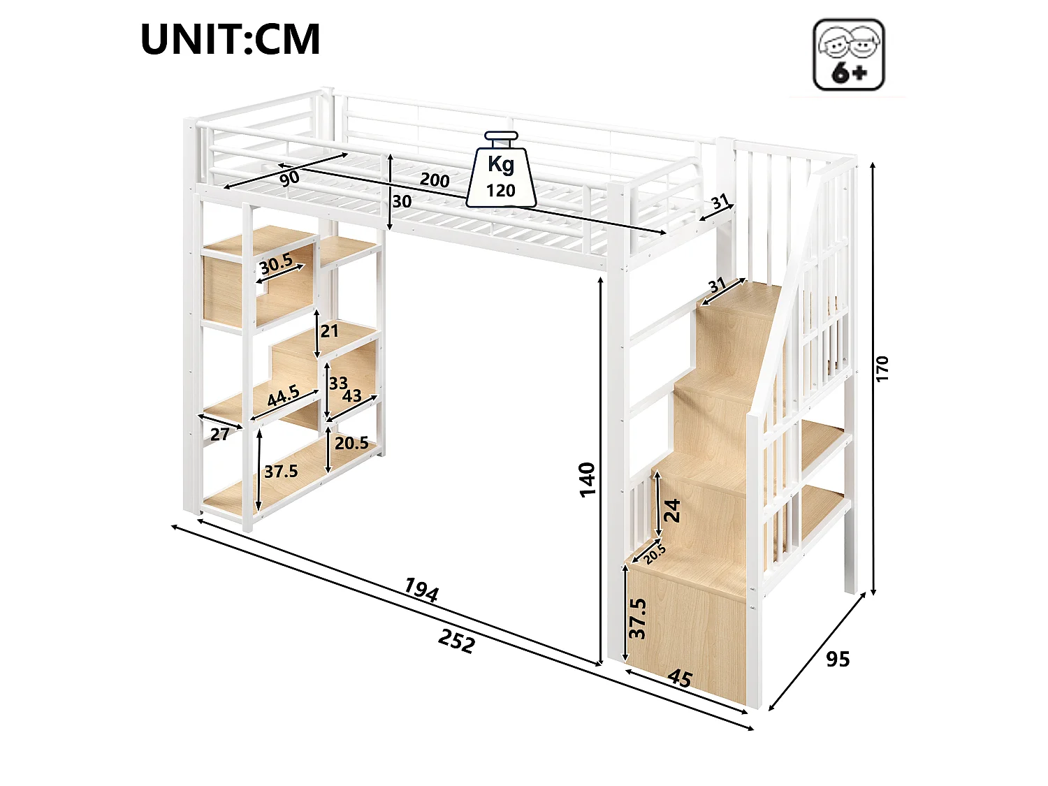 Hoogslaper 90 x 200 cm met opbergtrap en open schappen onder het bed – Metaal en MDF – LED – Wit (Matras niet inbegrepen)