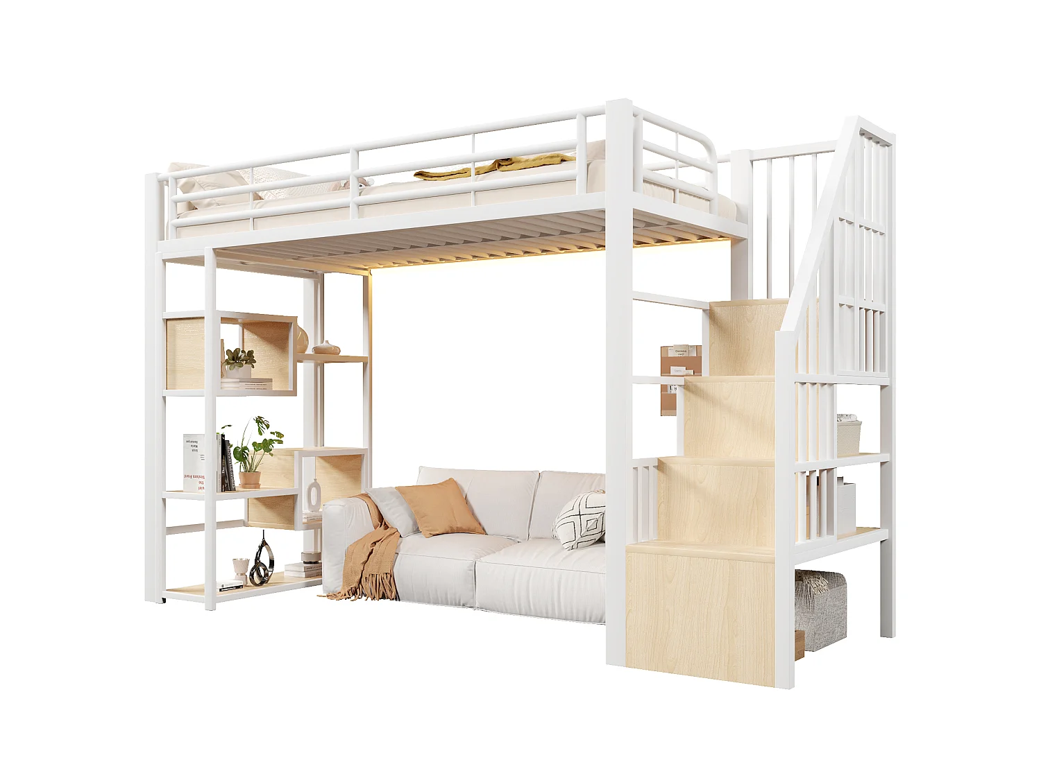Hoogslaper 90 x 200 cm met opbergtrap en open schappen onder het bed – Metaal en MDF – LED – Wit (Matras niet inbegrepen)