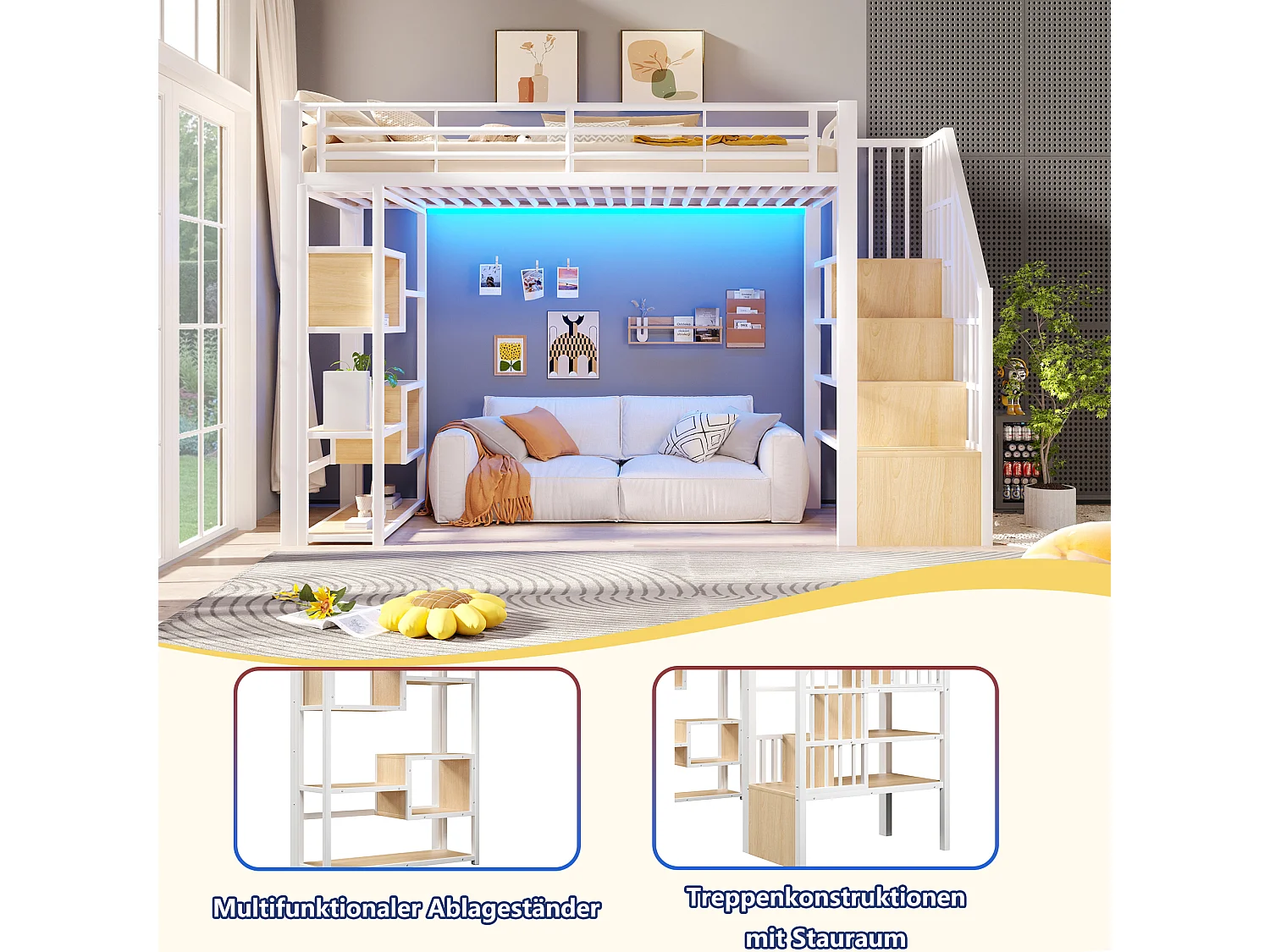 Hoogslaper 90 x 200 cm met opbergtrap en open schappen onder het bed – Metaal en MDF – LED – Wit (Matras niet inbegrepen)