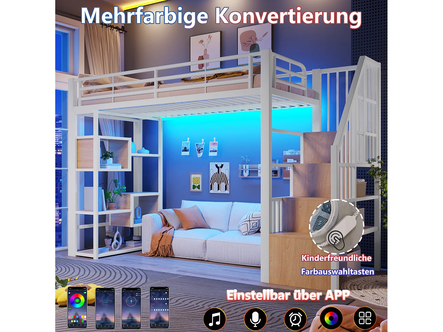 Hoogslaper 90 x 200 cm met opbergtrap en open schappen onder het bed – Metaal en MDF – LED – Wit (Matras niet inbegrepen)