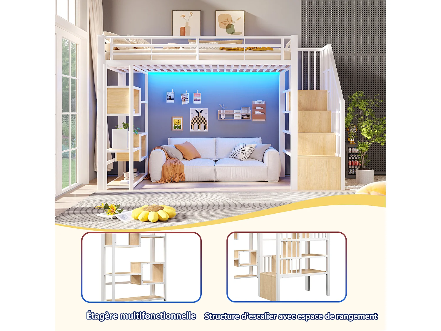 Hoogslaper 90 x 200 cm met opbergtrap en open schappen onder het bed – Metaal en MDF – LED – Wit (Matras niet inbegrepen)