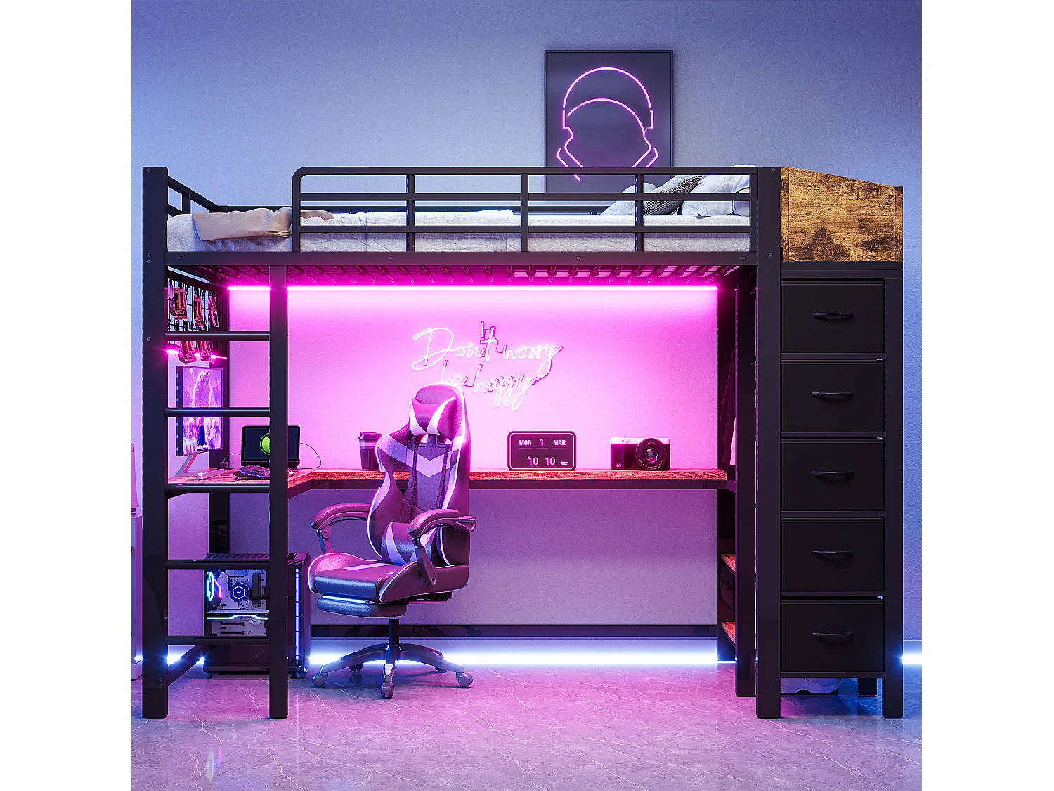 Cama alta de 90 x 200 cm com escrivaninha, tomadas, portas USB e Tipo-C, iluminação LED, 5 gavetas, guarda-roupa e painel de tela metálica - Metal + MDF - Preta