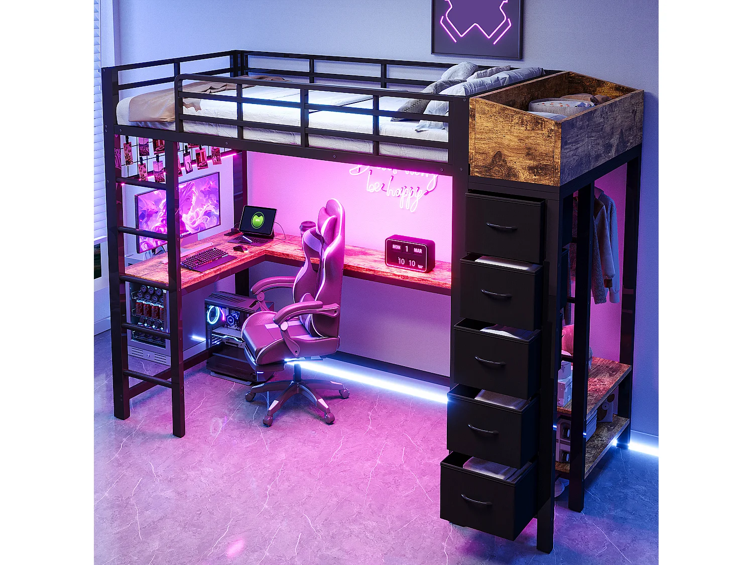 Cama alta de 90 x 200 cm com escrivaninha, tomadas, portas USB e Tipo-C, iluminação LED, 5 gavetas, guarda-roupa e painel de tela metálica - Metal + MDF - Preta