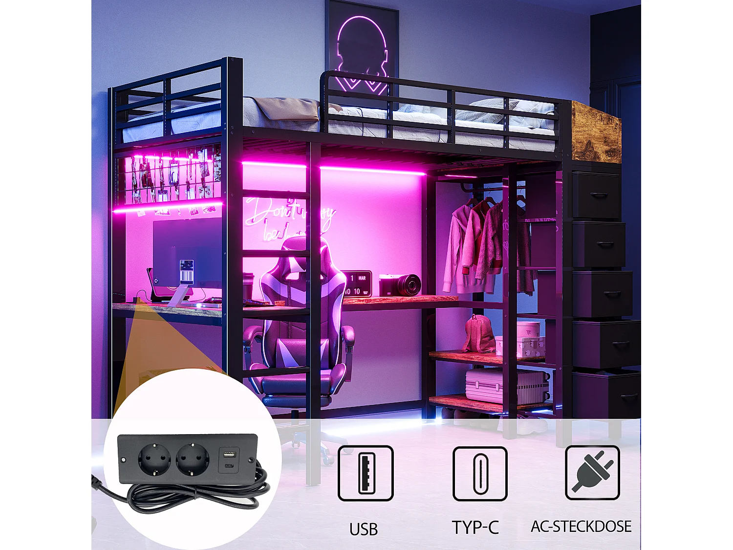 Cama alta de 90 x 200 cm com escrivaninha, tomadas, portas USB e Tipo-C, iluminação LED, 5 gavetas, guarda-roupa e painel de tela metálica - Metal + MDF - Preta