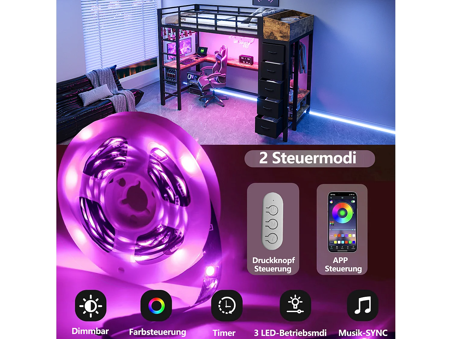 Cama alta de 90 x 200 cm com escrivaninha, tomadas, portas USB e Tipo-C, iluminação LED, 5 gavetas, guarda-roupa e painel de tela metálica - Metal + MDF - Preta