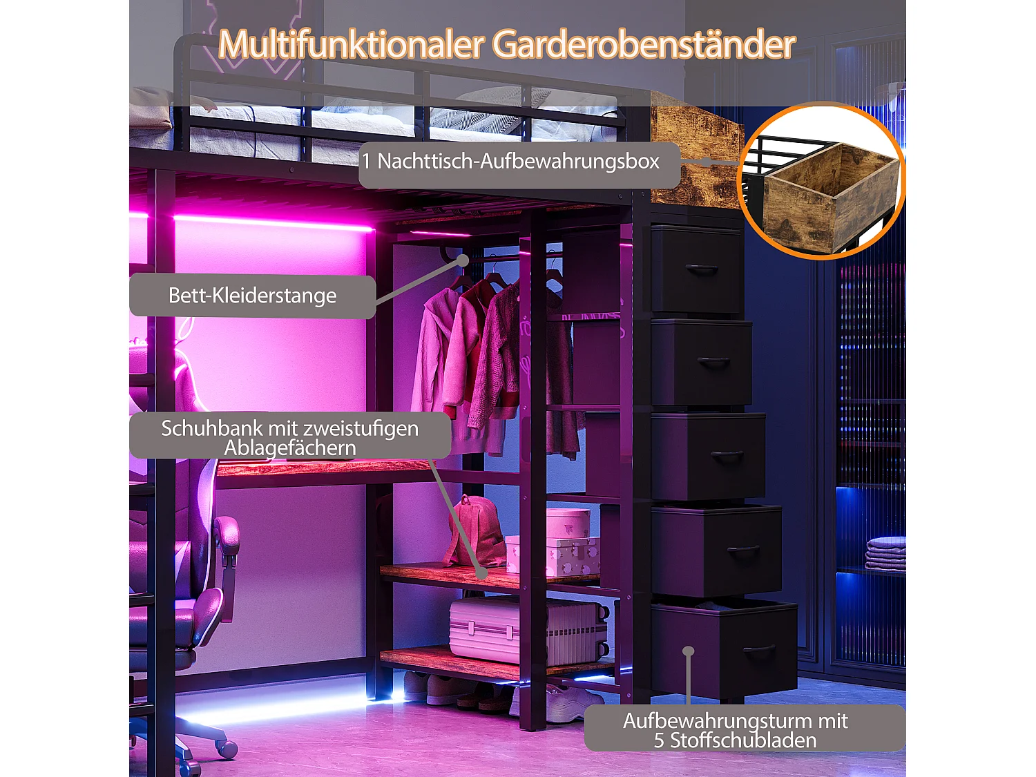 Cama alta de 90 x 200 cm com escrivaninha, tomadas, portas USB e Tipo-C, iluminação LED, 5 gavetas, guarda-roupa e painel de tela metálica - Metal + MDF - Preta