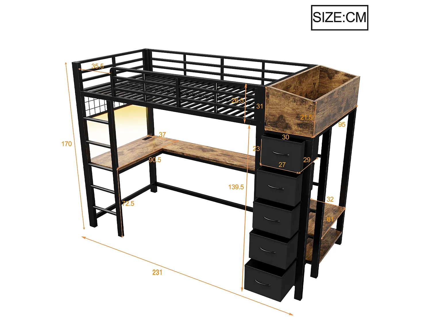 Cama alta de 90 x 200 cm com escrivaninha, tomadas, portas USB e Tipo-C, iluminação LED, 5 gavetas, guarda-roupa e painel de tela metálica - Metal + MDF - Preta