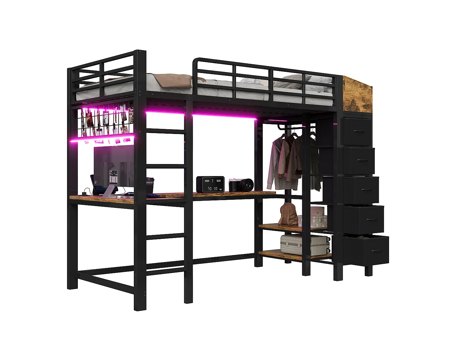 Cama alta de 90 x 200 cm com escrivaninha, tomadas, portas USB e Tipo-C, iluminação LED, 5 gavetas, guarda-roupa e painel de tela metálica - Metal + MDF - Preta