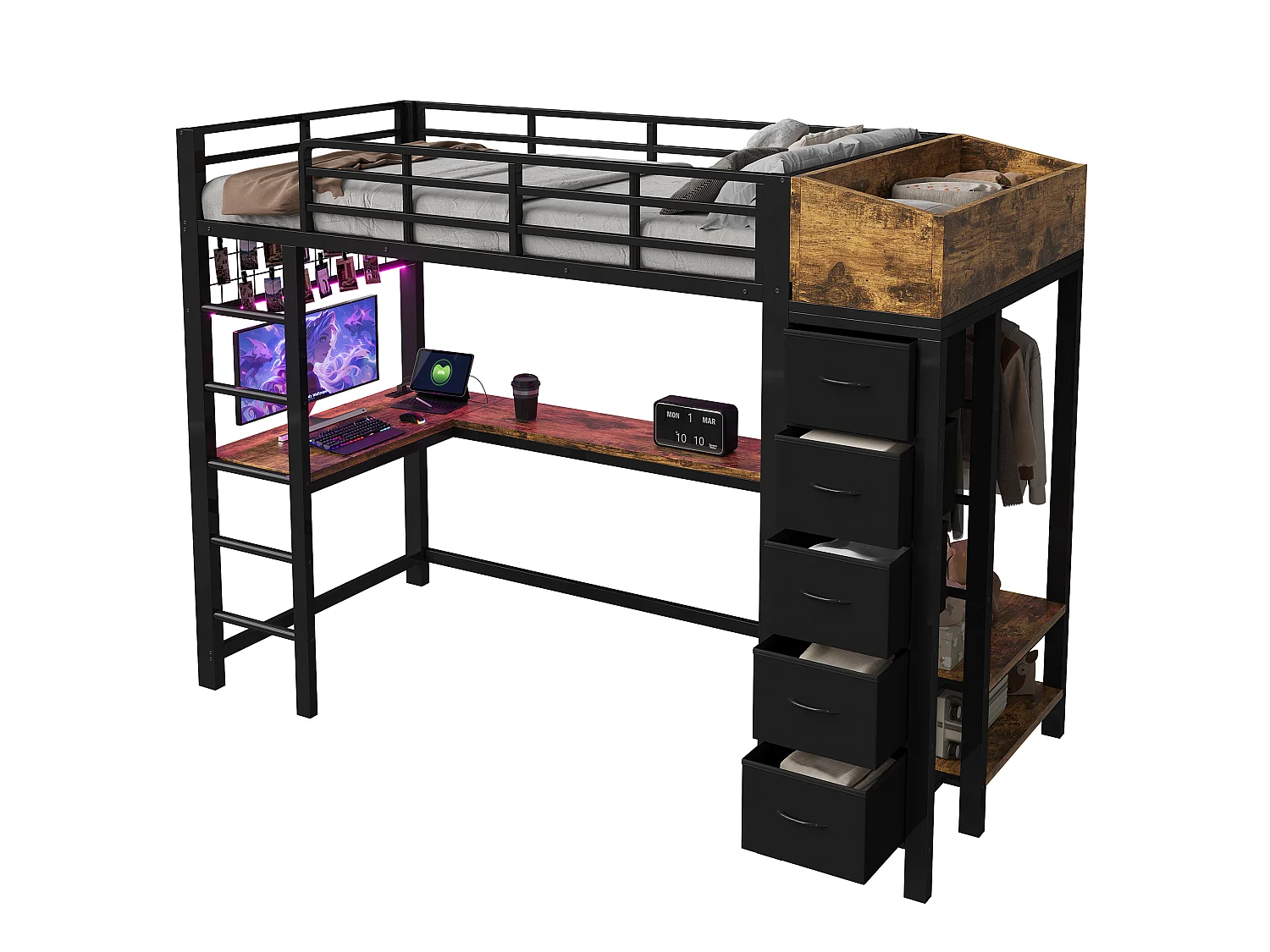 Cama alta de 90 x 200 cm com escrivaninha, tomadas, portas USB e Tipo-C, iluminação LED, 5 gavetas, guarda-roupa e painel de tela metálica - Metal + MDF - Preta