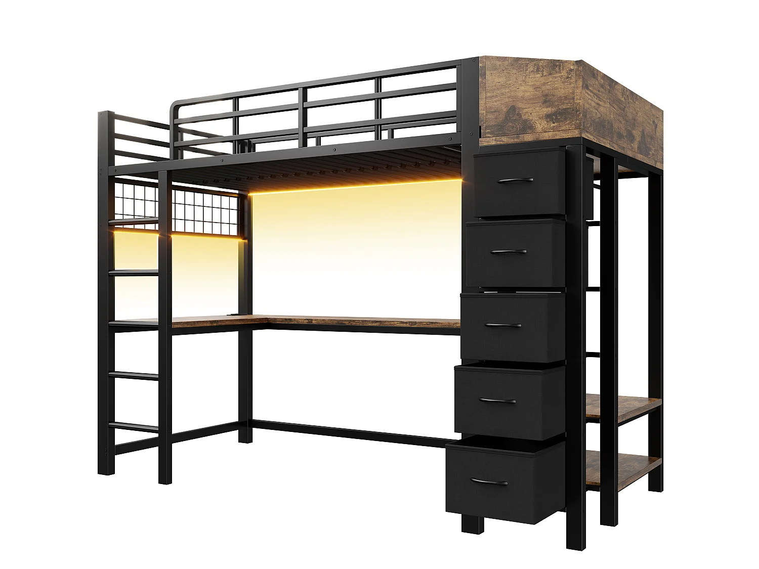 Cama alta de 90 x 200 cm com escrivaninha, tomadas, portas USB e Tipo-C, iluminação LED, 5 gavetas, guarda-roupa e painel de tela metálica - Metal + MDF - Preta