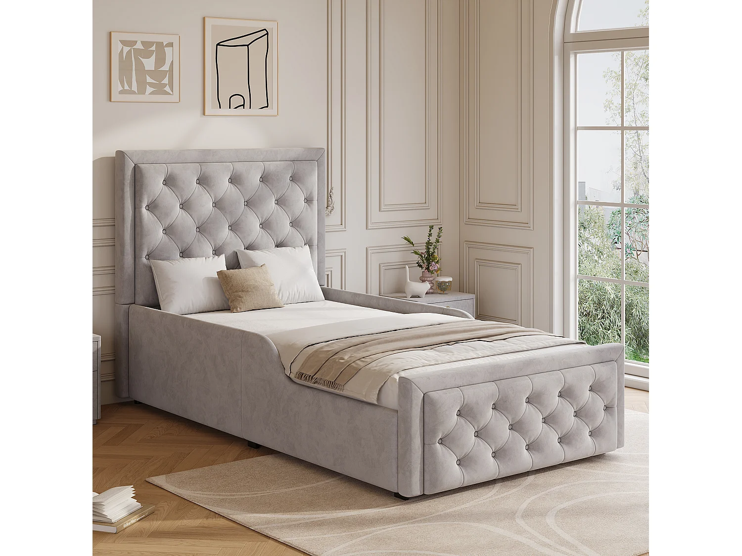 Lit coffre 90 x 200 cm avec coffre de rangement et tête de lit rembourrée – Velours – Gris (Sans matelas)