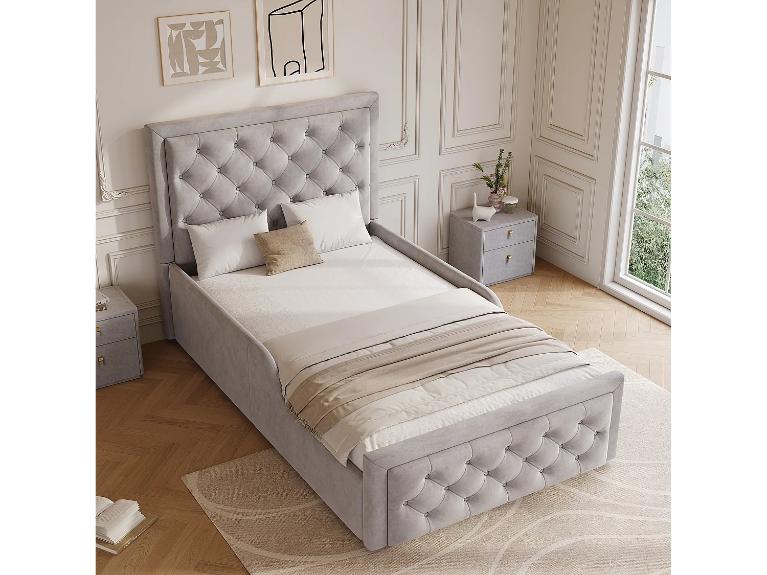 Lit coffre 90 x 200 cm avec coffre de rangement et tête de lit rembourrée – Velours – Gris (Sans matelas)