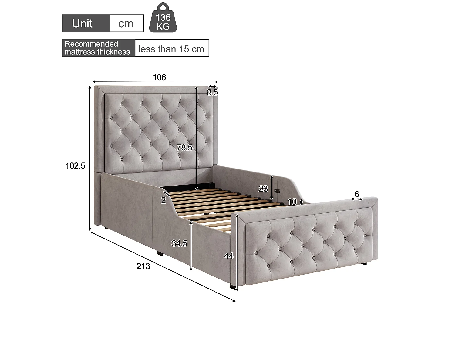 Lit coffre 90 x 200 cm avec coffre de rangement et tête de lit rembourrée – Velours – Gris (Sans matelas)