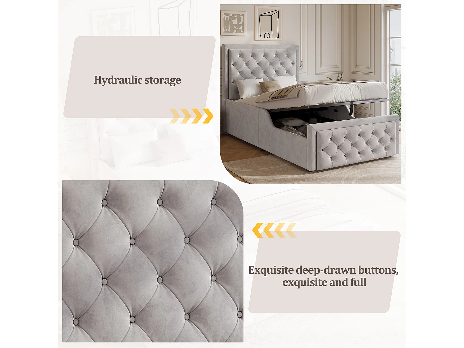 Lit coffre 90 x 200 cm avec coffre de rangement et tête de lit rembourrée – Velours – Gris (Sans matelas)