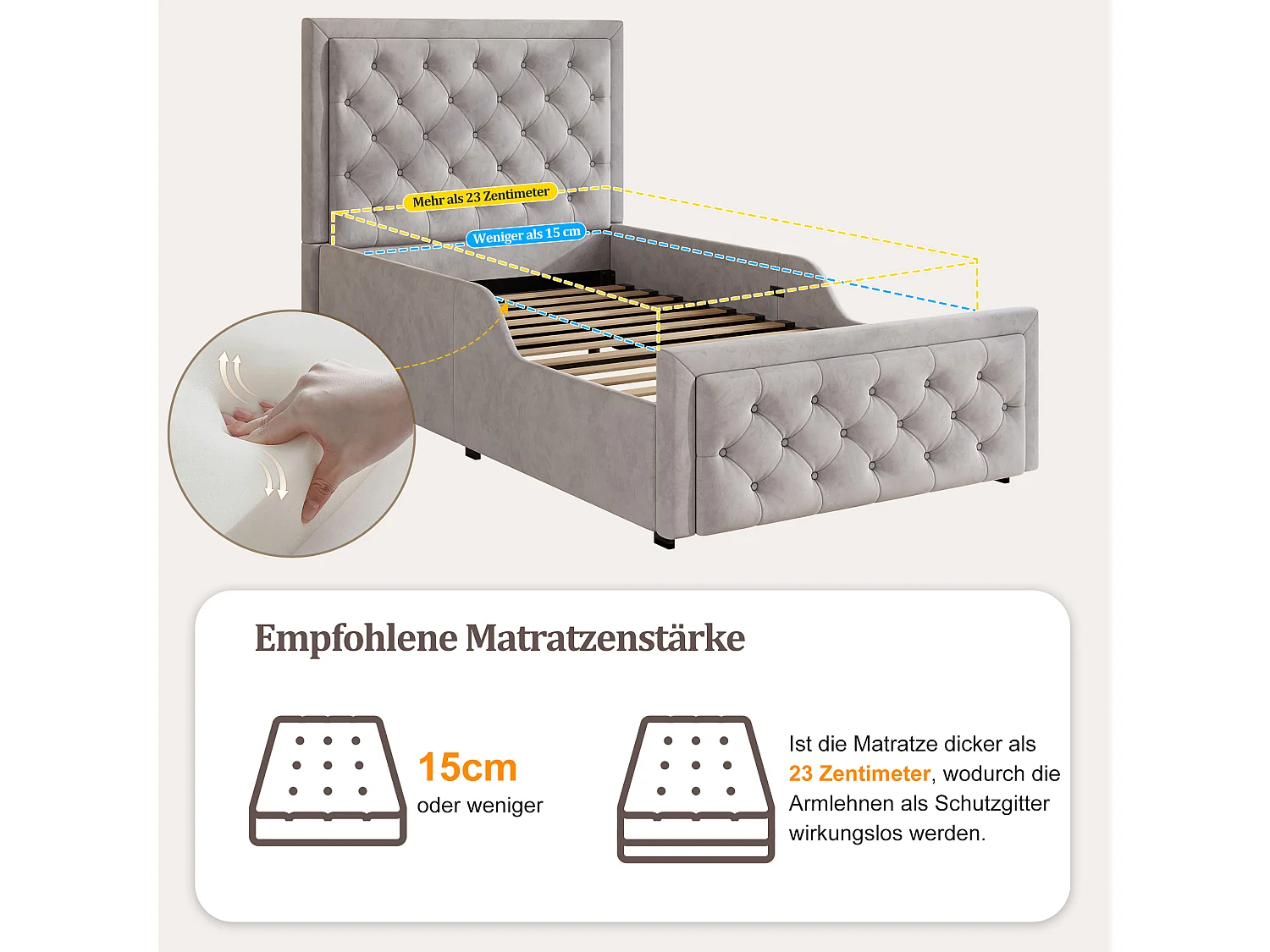 Lit coffre 90 x 200 cm avec coffre de rangement et tête de lit rembourrée – Velours – Gris (Sans matelas)