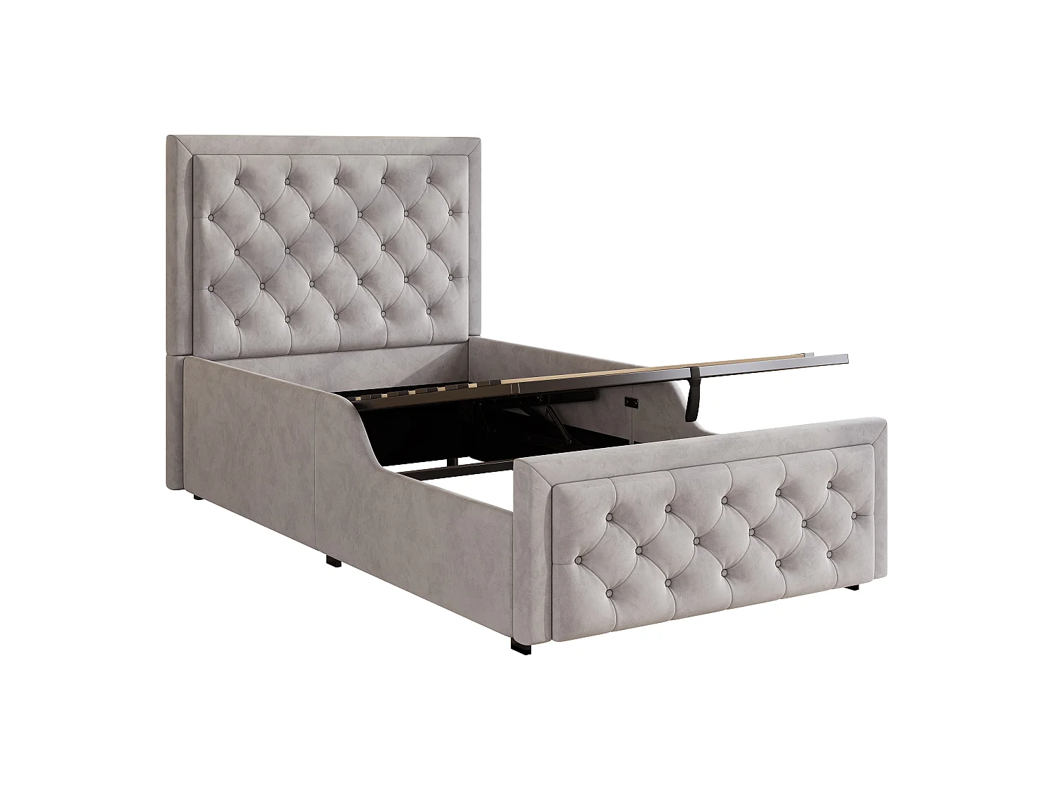 Lit coffre 90 x 200 cm avec coffre de rangement et tête de lit rembourrée – Velours – Gris (Sans matelas)