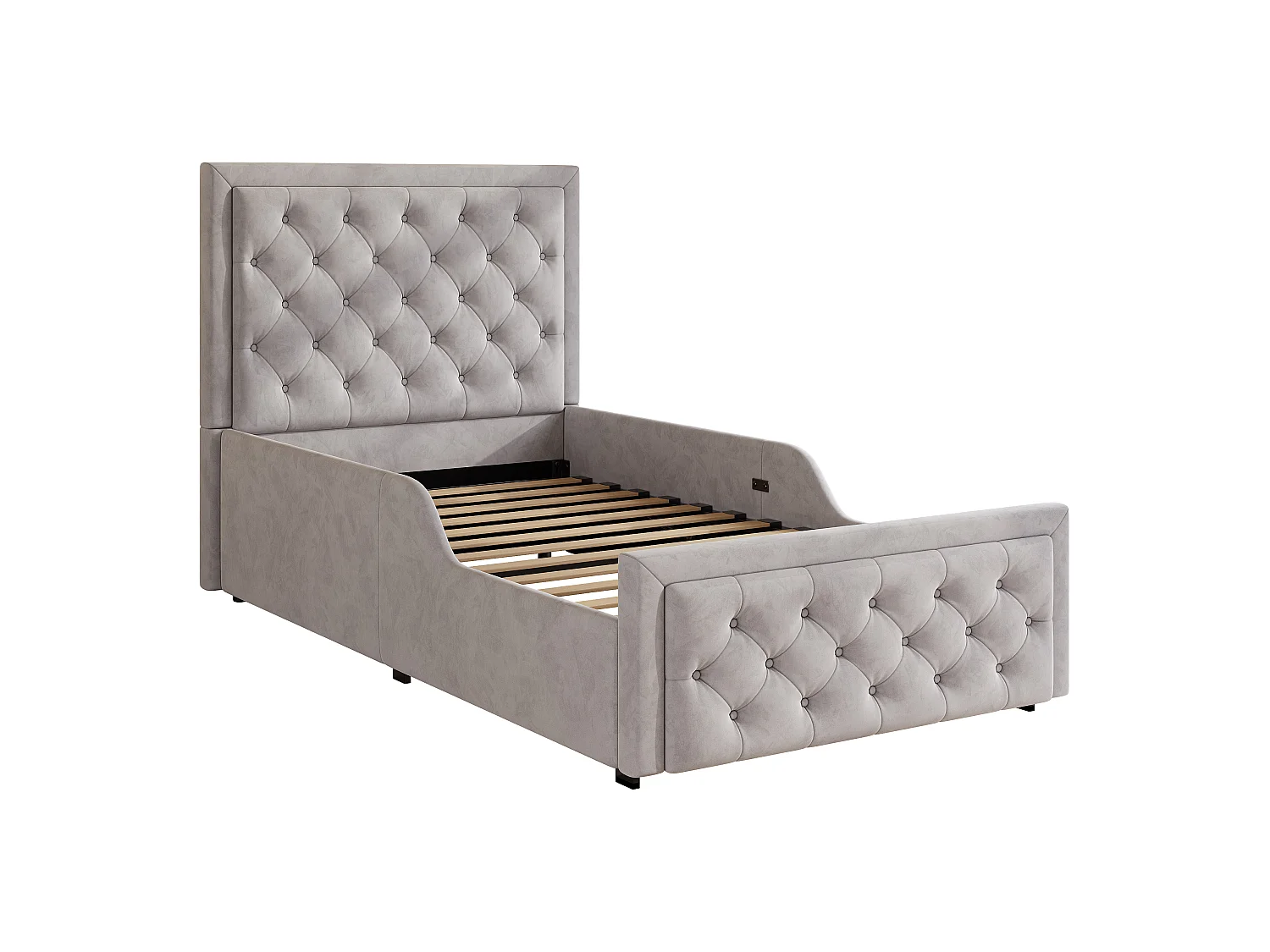 Lit coffre 90 x 200 cm avec coffre de rangement et tête de lit rembourrée – Velours – Gris (Sans matelas)