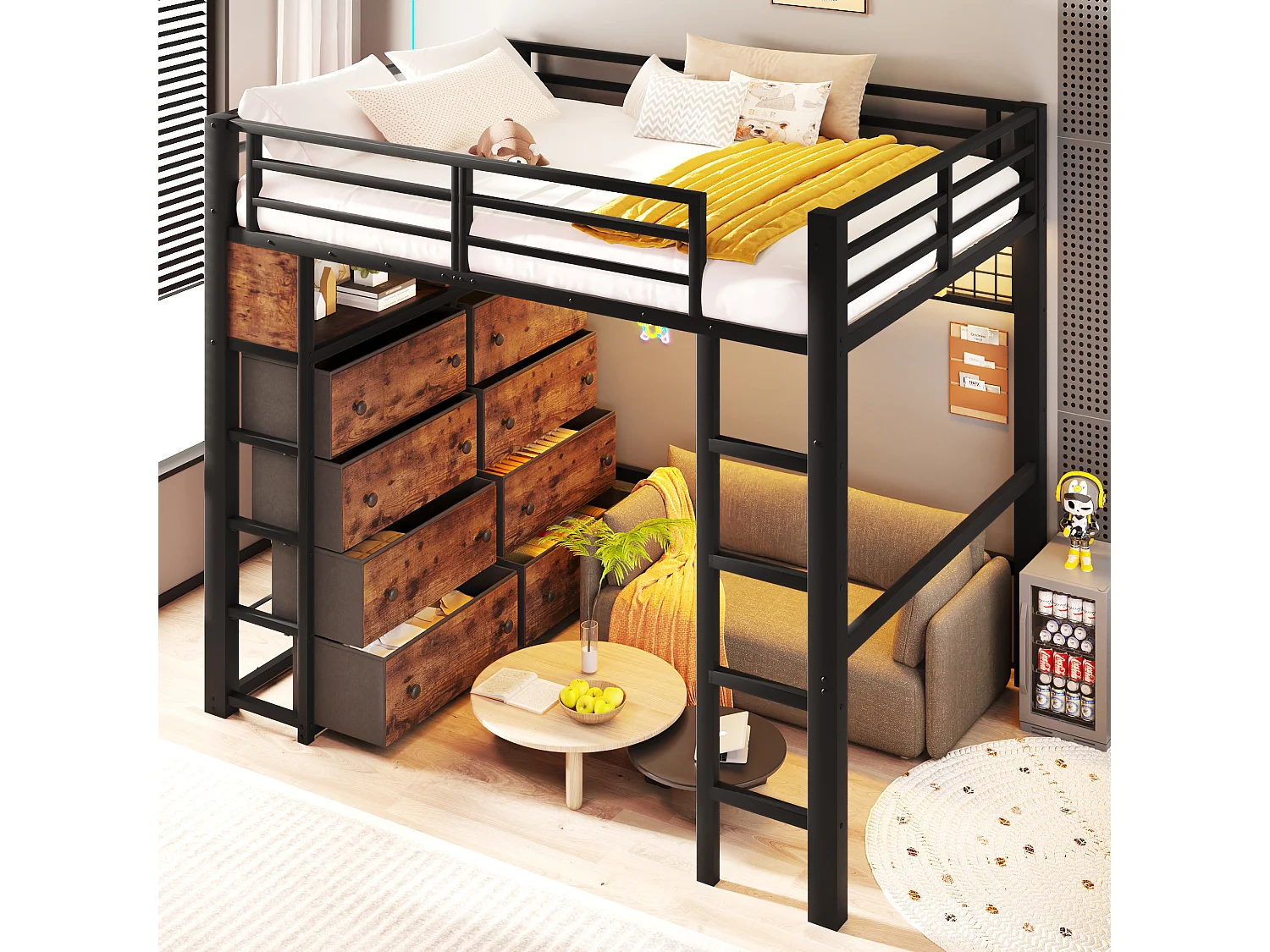 Lit mezzanine 140 x 200 cm avec 8 tiroirs, étagères, panneau perforé et éclairage LED - Métal - Noir (sans matelas)