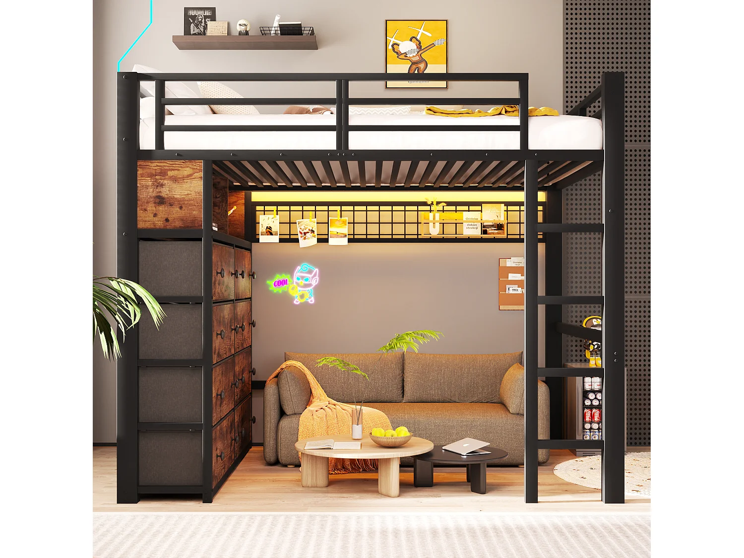 Lit mezzanine 140 x 200 cm avec 8 tiroirs, étagères, panneau perforé et éclairage LED - Métal - Noir (sans matelas)