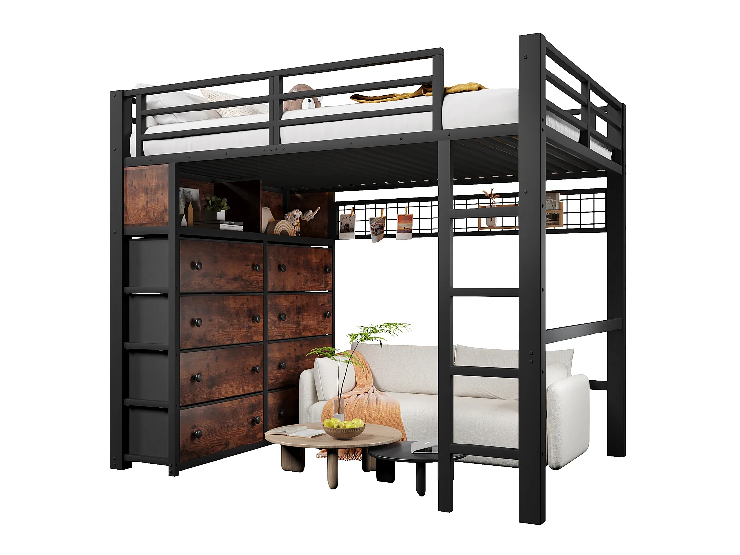 Lit mezzanine 140 x 200 cm avec 8 tiroirs, étagères, panneau perforé et éclairage LED - Métal - Noir (sans matelas)
