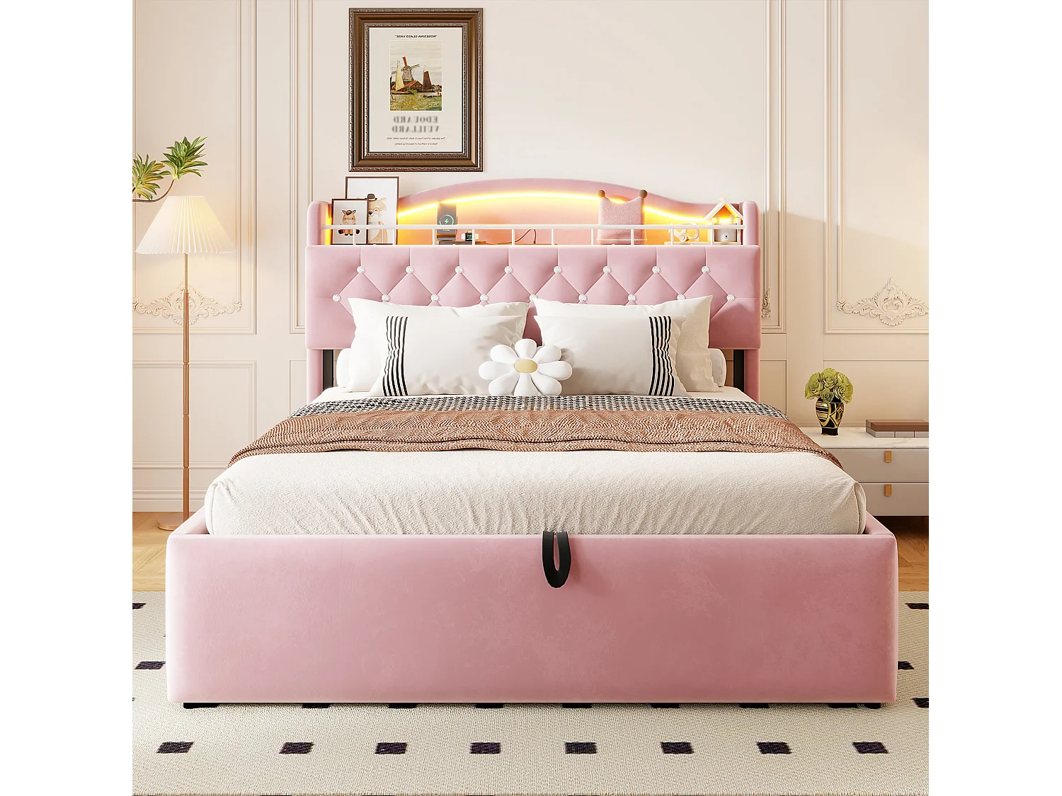 Lit coffre 140 x 200 cm avec tête de lit ouvrante, ports USB & USB-C, LED - Velours + MDF + métal - Rose (Sans matelas)