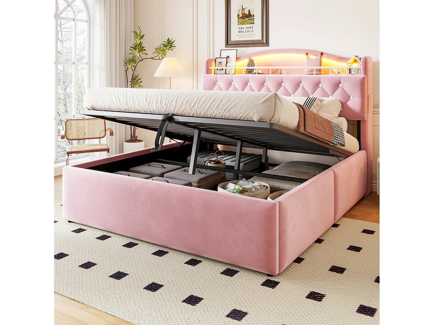 Lit coffre 140 x 200 cm avec tête de lit ouvrante, ports USB & USB-C, LED - Velours + MDF + métal - Rose (Sans matelas)