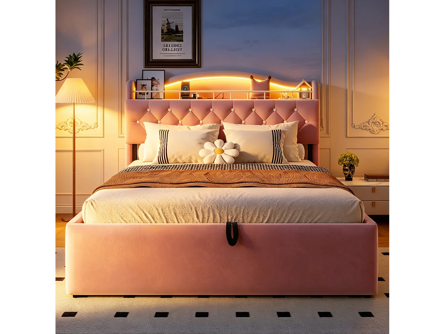 Lit coffre 140 x 200 cm avec tête de lit ouvrante, ports USB & USB-C, LED - Velours + MDF + métal - Rose (Sans matelas)