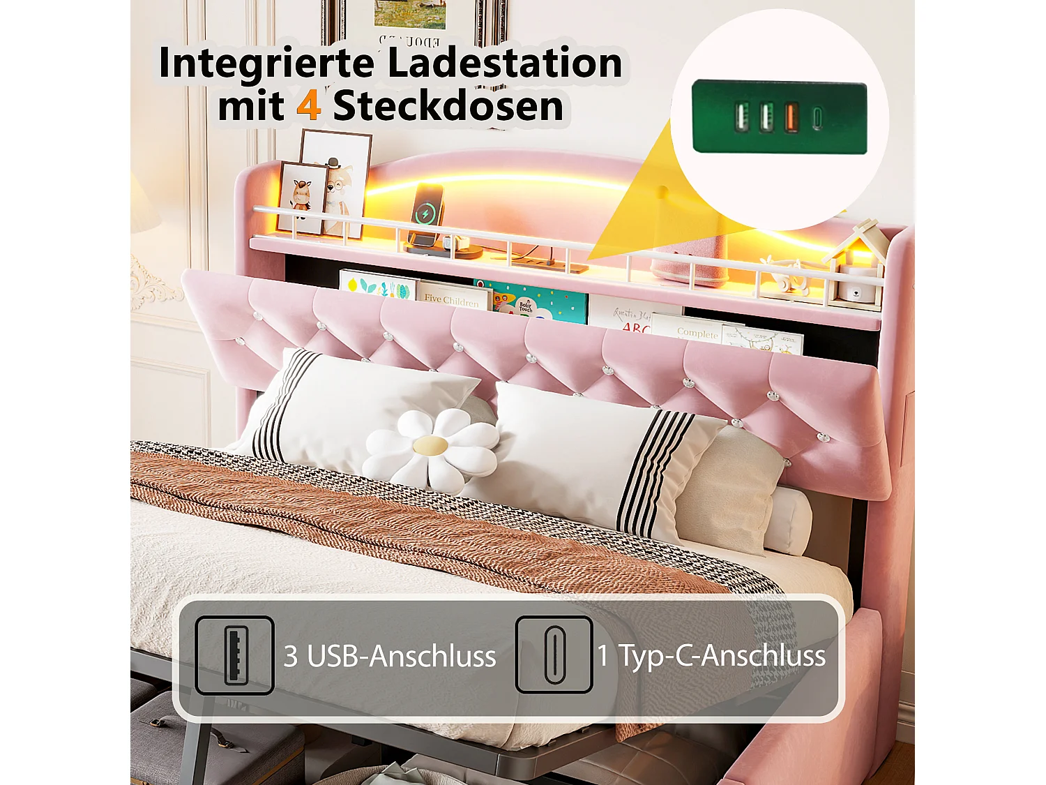 Lit coffre 140 x 200 cm avec tête de lit ouvrante, ports USB & USB-C, LED - Velours + MDF + métal - Rose (Sans matelas)