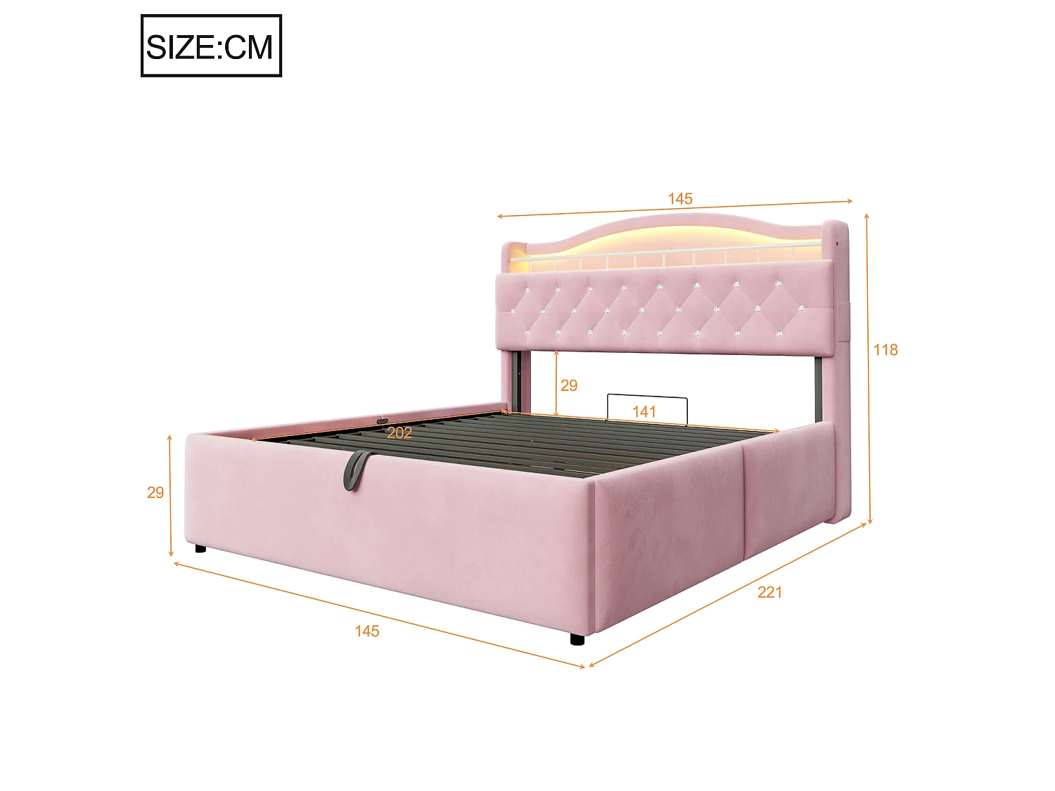 Lit coffre 140 x 200 cm avec tête de lit ouvrante, ports USB & USB-C, LED - Velours + MDF + métal - Rose (Sans matelas)
