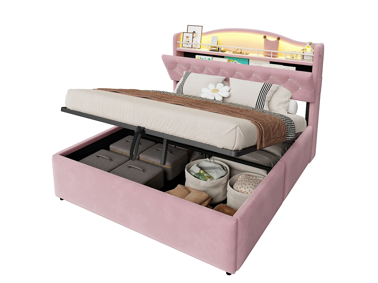 Lit coffre 140 x 200 cm avec tête de lit ouvrante, ports USB & USB-C, LED - Velours + MDF + métal - Rose (Sans matelas)