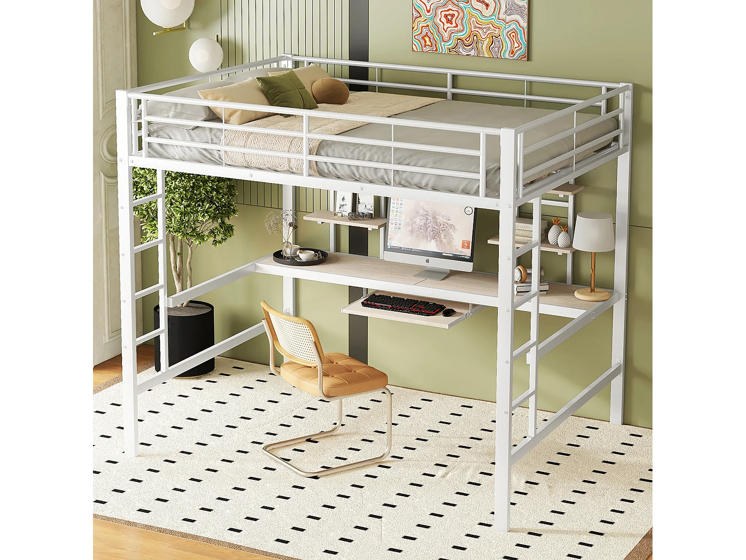 Lit mezzanine 140 x 200 cm avec bureau et 2 étagères de rangement - Métal - Blanc (Sans matelas)