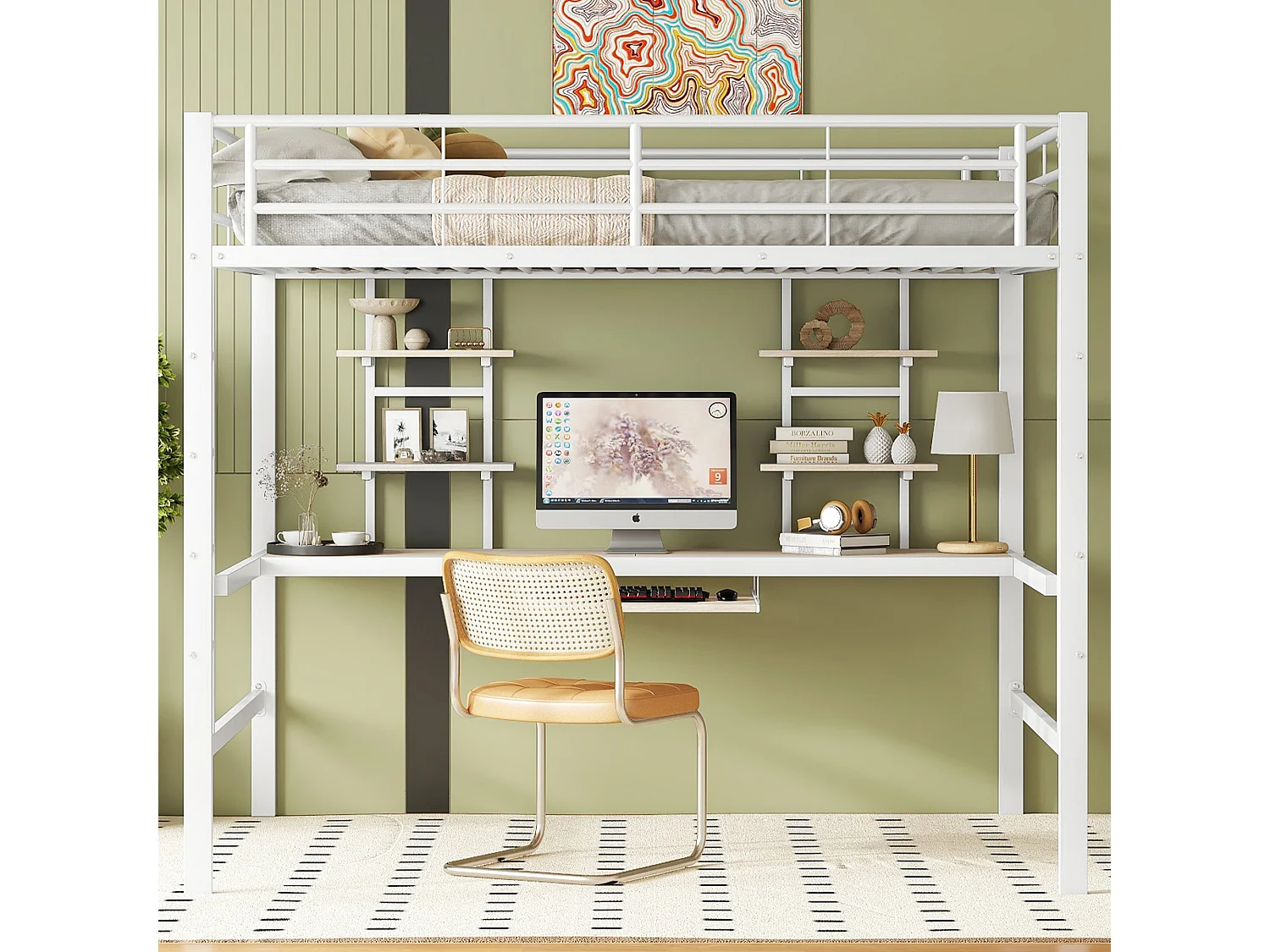 Lit mezzanine 140 x 200 cm avec bureau et 2 étagères de rangement - Métal - Blanc (Sans matelas)