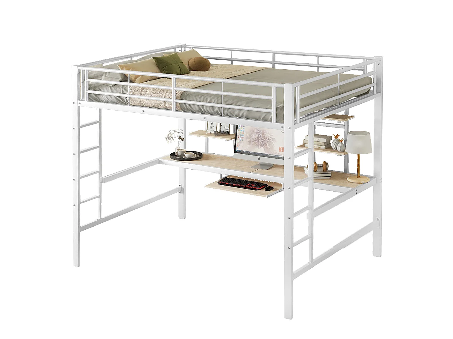 Lit mezzanine 140 x 200 cm avec bureau et 2 étagères de rangement - Métal - Blanc (Sans matelas)