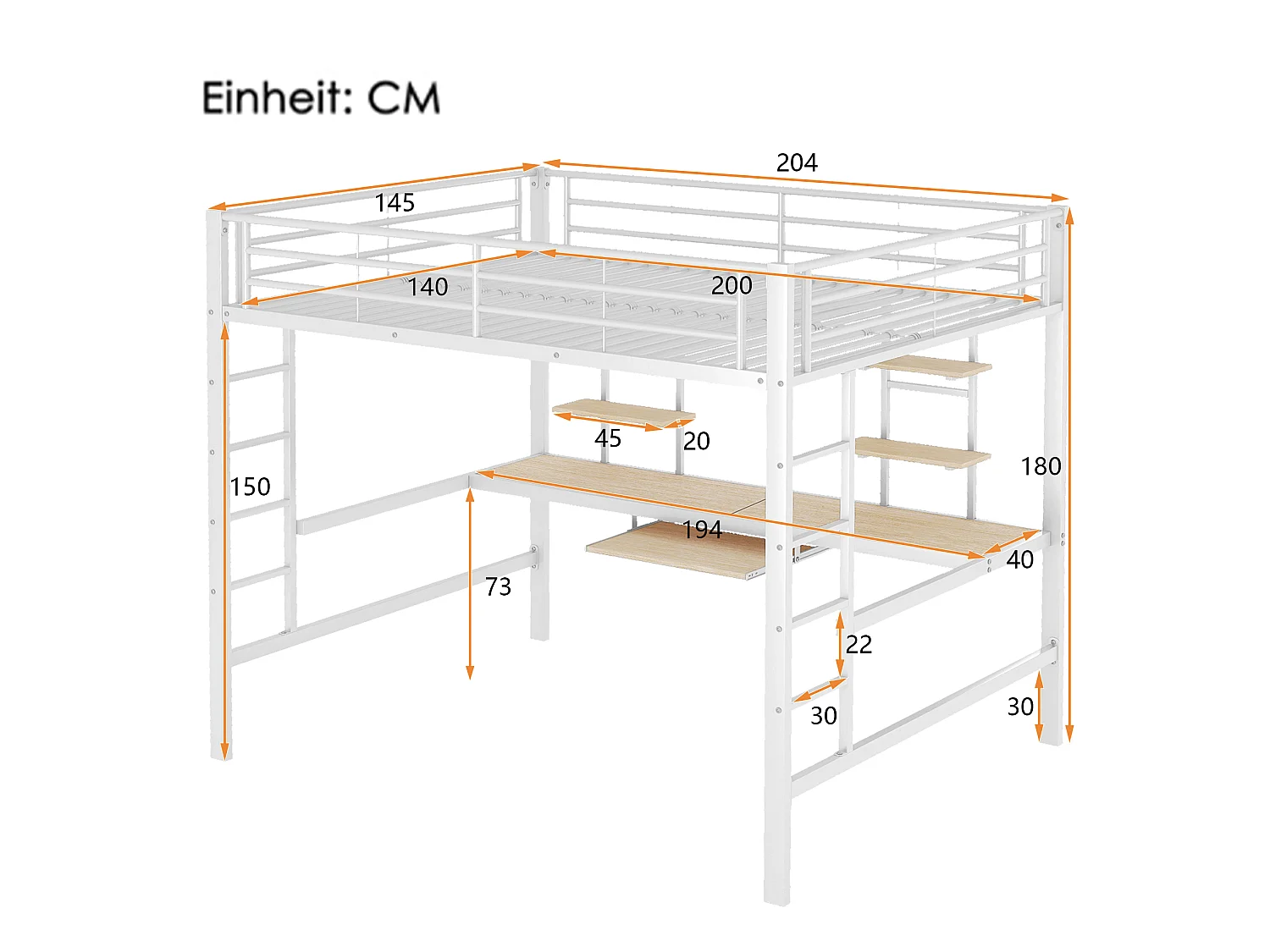 Lit mezzanine 140 x 200 cm avec bureau et 2 étagères de rangement - Métal - Blanc (Sans matelas)