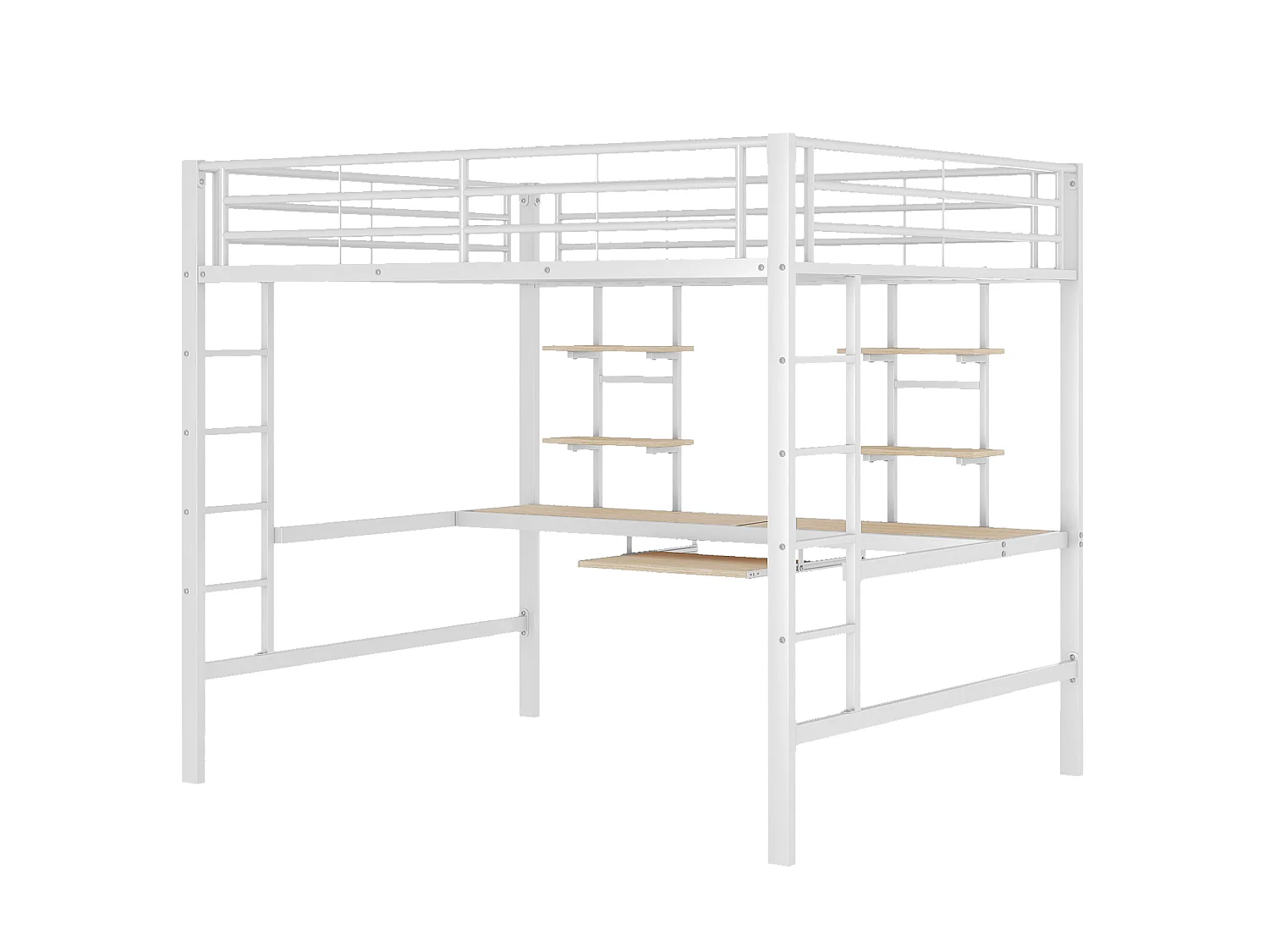 Lit mezzanine 140 x 200 cm avec bureau et 2 étagères de rangement - Métal - Blanc (Sans matelas)