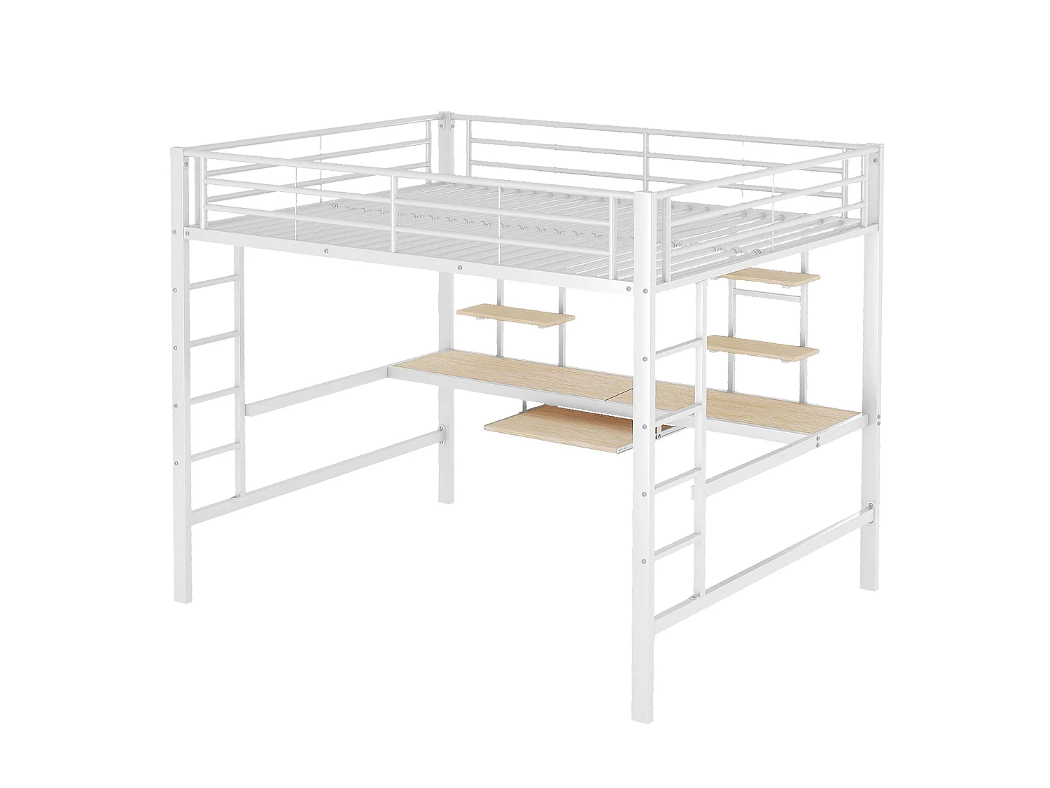Lit mezzanine 140 x 200 cm avec bureau et 2 étagères de rangement - Métal - Blanc (Sans matelas)