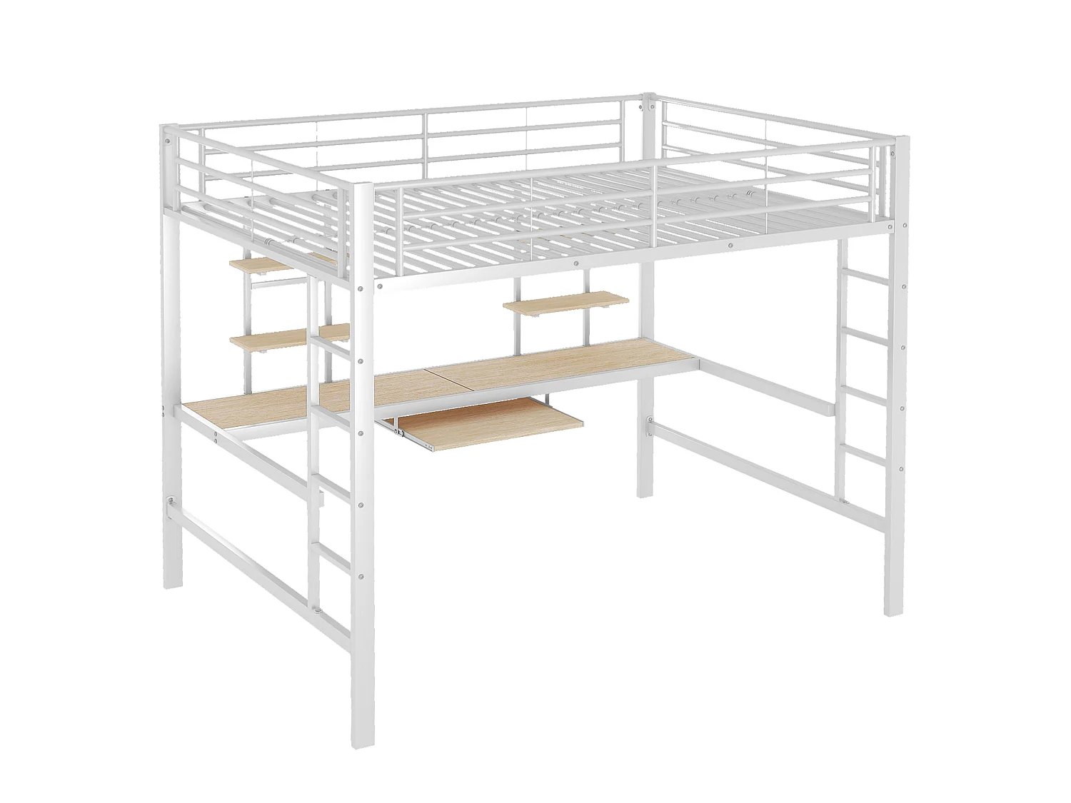 Lit mezzanine 140 x 200 cm avec bureau et 2 étagères de rangement - Métal - Blanc (Sans matelas)
