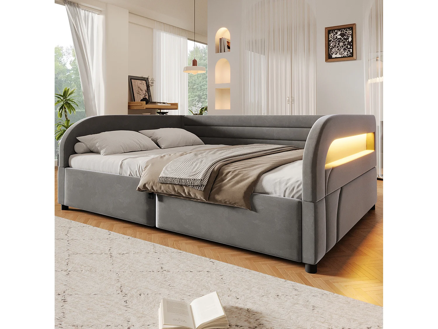 140 x 200 cm storage bed with hydraulic storage, RGB LED lighting and padded backrest - Flannel/MDF - Grey (Mattress not included)