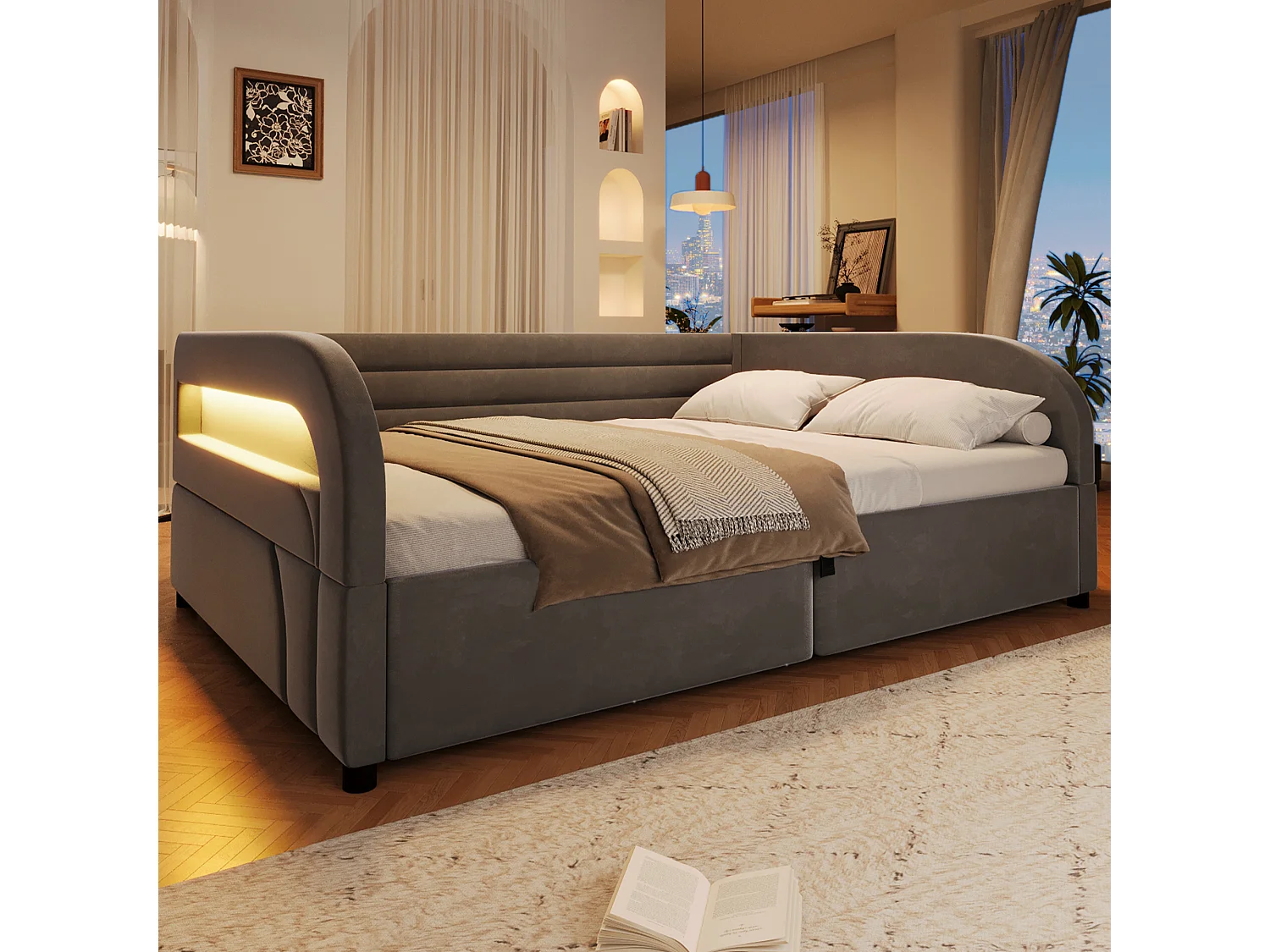 140 x 200 cm storage bed with hydraulic storage, RGB LED lighting and padded backrest - Flannel/MDF - Grey (Mattress not included)